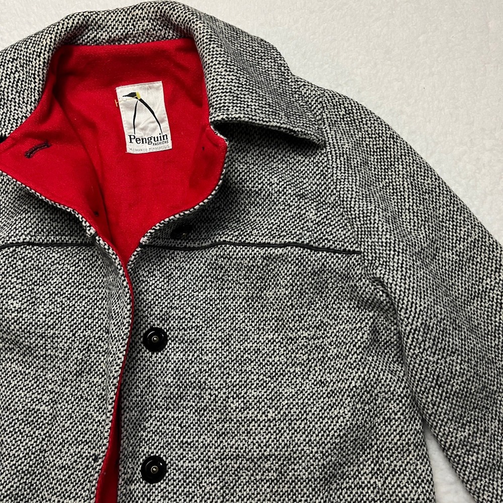 Penguin Fashions Coat Womens 10 Black White Tweed Vintage 60s Mod‎ Red Lining